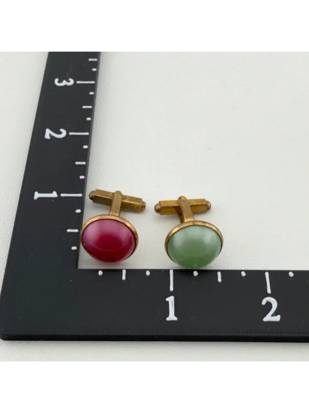 Vintage Round Cabochon Cufflinks Set of 2 Green Pink Mid Century